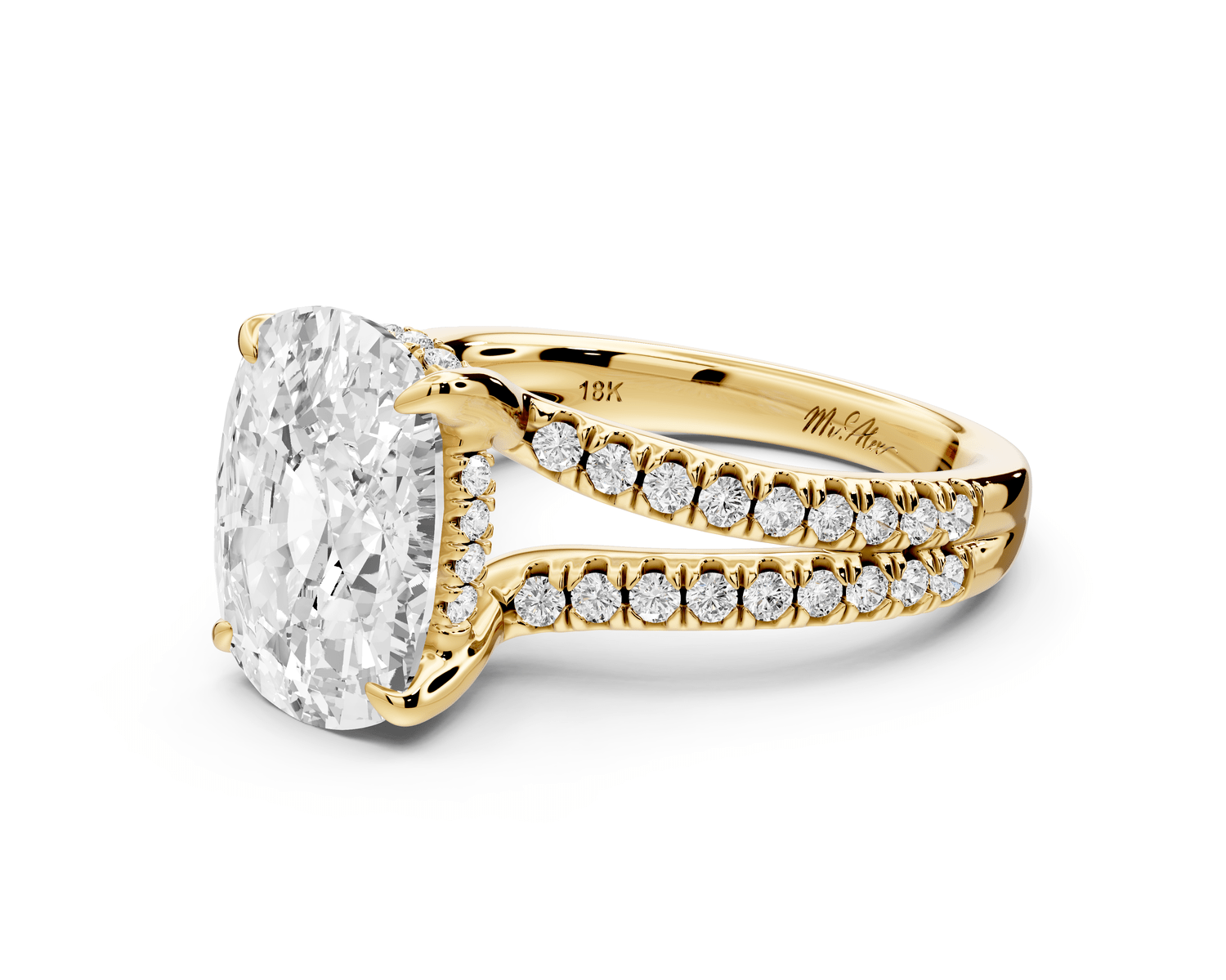 Liora - 5ct 14k yellow gold ecushion Hidden Halo Micro Pavé Split Shank Engagement Ring - Mr. Alex Jewelry