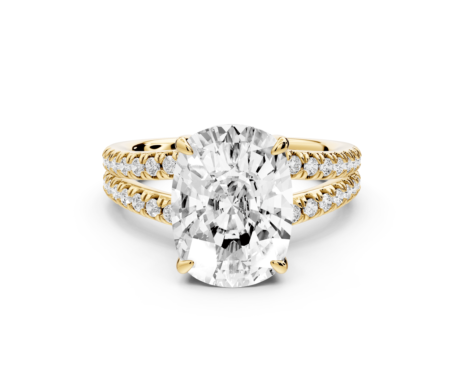 Liora - 5ct 14k yellow gold ecushion Hidden Halo Micro Pavé Split Shank Engagement Ring - Mr. Alex Jewelry