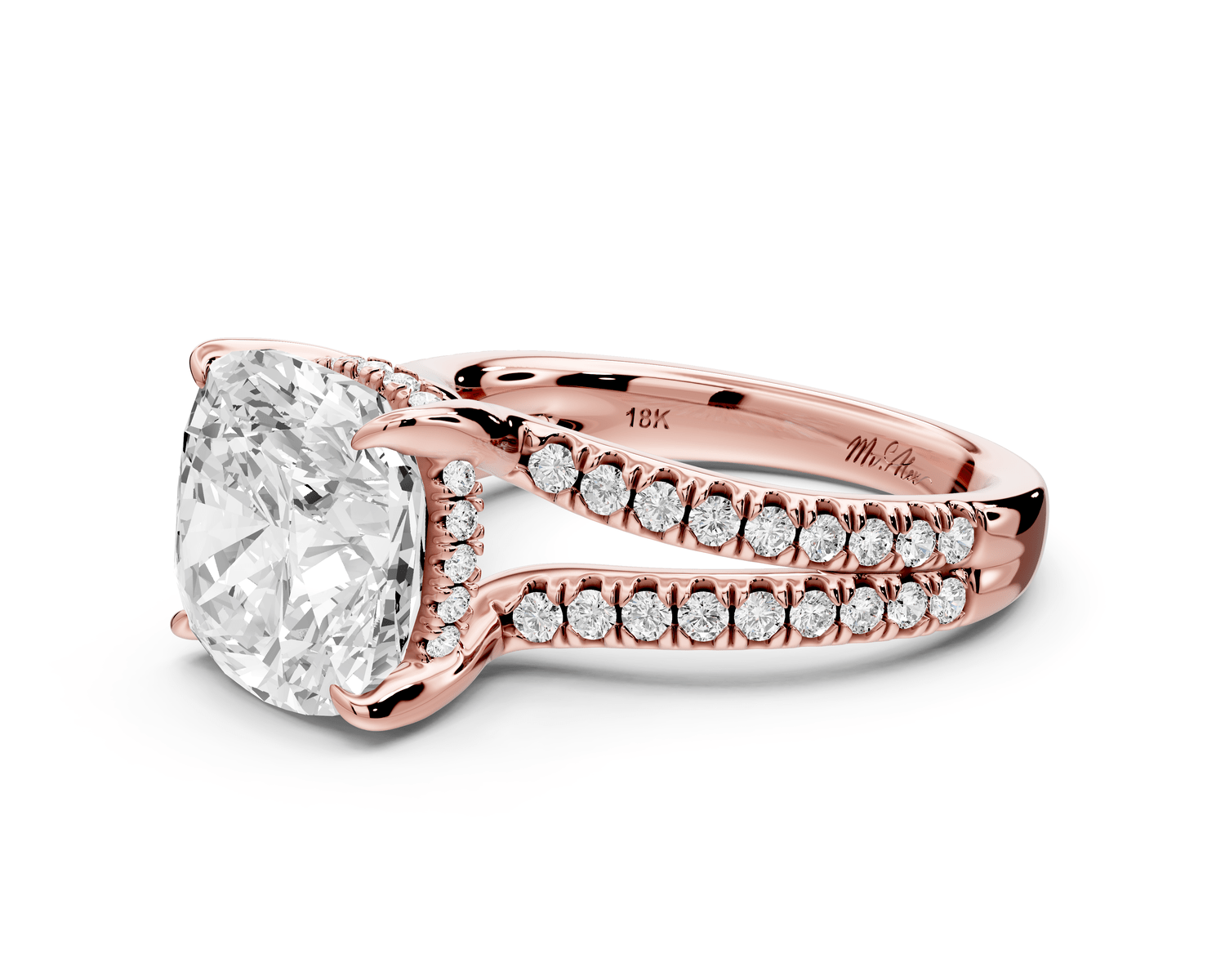 Liora - 5ct 18k rose gold cushion Hidden Halo Micro Pavé Split Shank Engagement Ring - Mr. Alex Jewelry