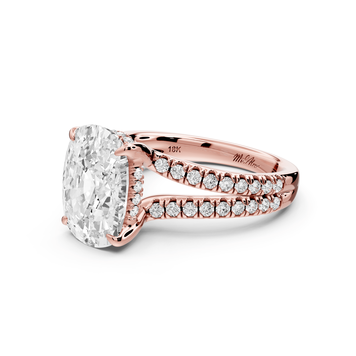 Liora - 5ct 18k rose gold ecushion Hidden Halo Micro Pavé Split Shank Engagement Ring - Mr. Alex Jewelry
