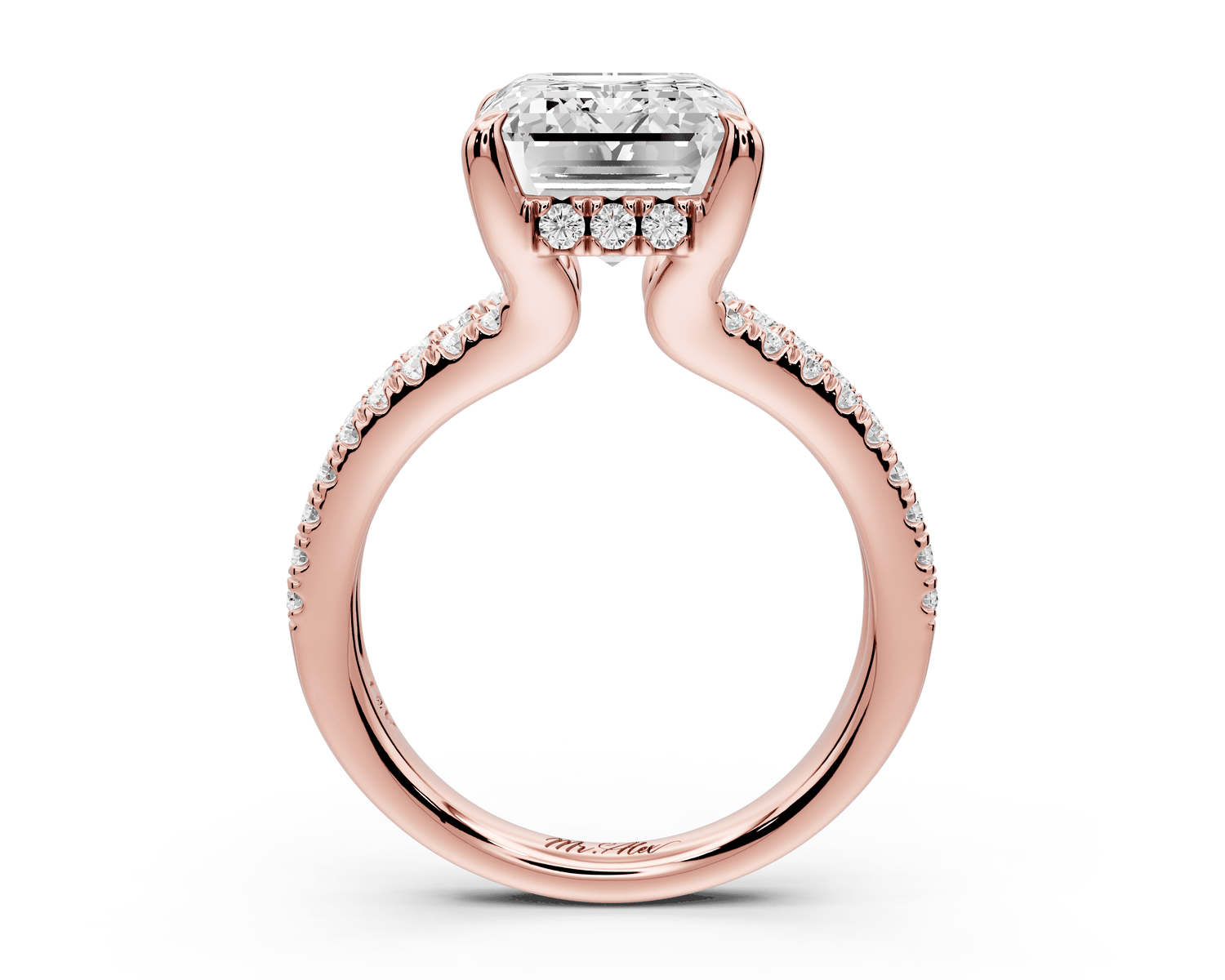 Liora - 5ct 18k rose gold emerald Hidden Halo Micro Pavé Split Shank Engagement Ring - Mr. Alex Jewelry