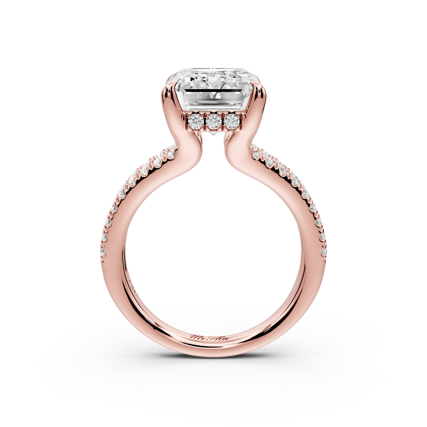 Liora - 5ct 18k rose gold emerald Hidden Halo Micro Pavé Split Shank Engagement Ring - Mr. Alex Jewelry