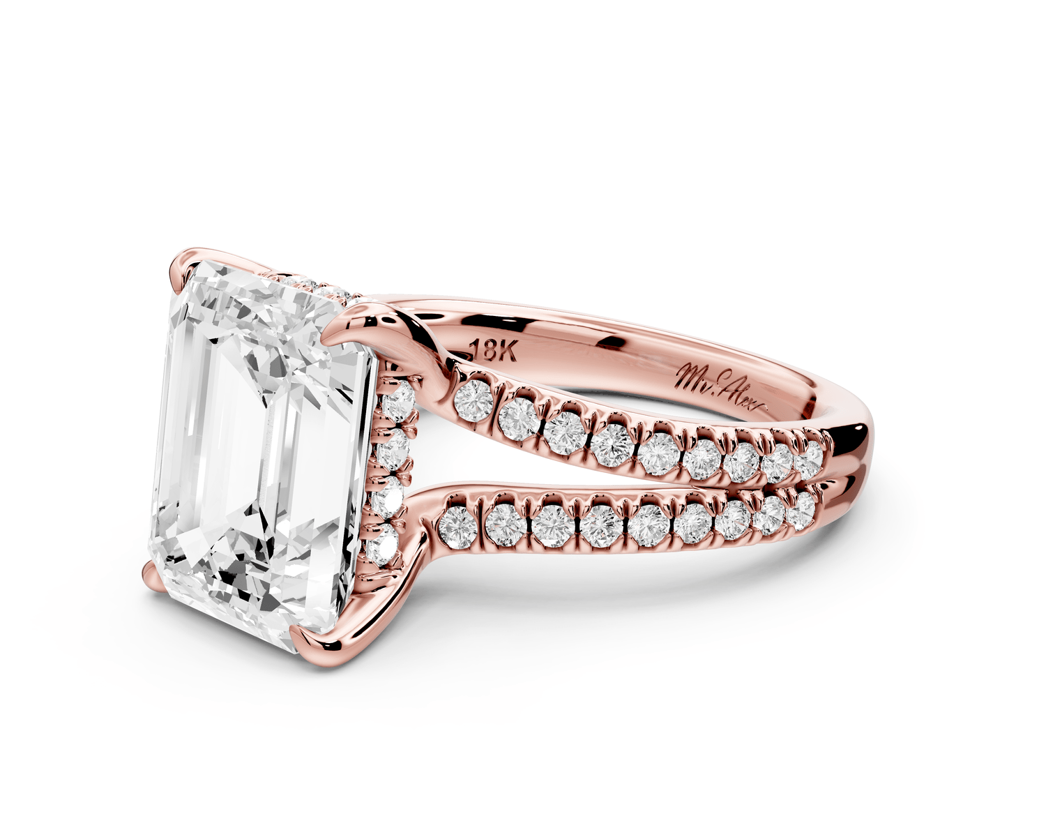 Liora - 5ct 18k rose gold emerald Hidden Halo Micro Pavé Split Shank Engagement Ring - Mr. Alex Jewelry