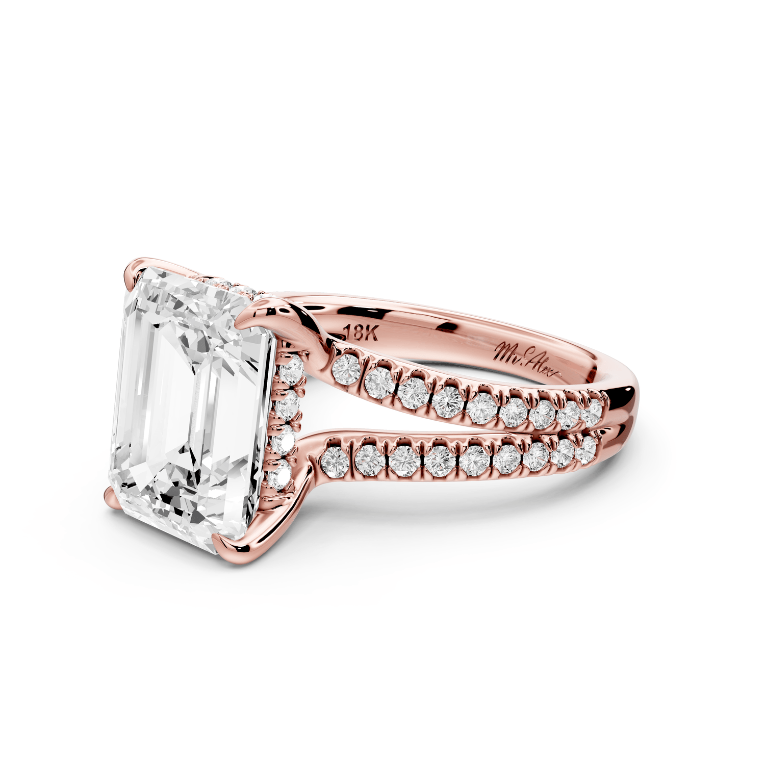Liora - 5ct 18k rose gold emerald Hidden Halo Micro Pavé Split Shank Engagement Ring - Mr. Alex Jewelry