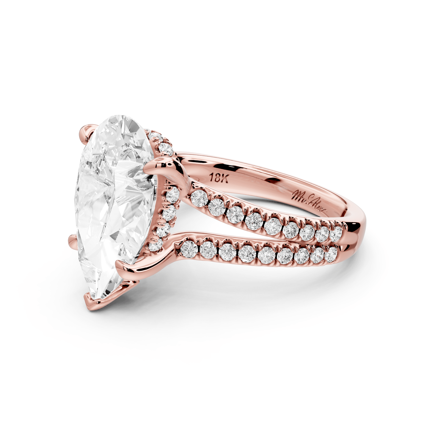 Liora - 5ct 18k rose gold pear Hidden Halo Micro Pavé Split Shank Engagement Ring - Mr. Alex Jewelry