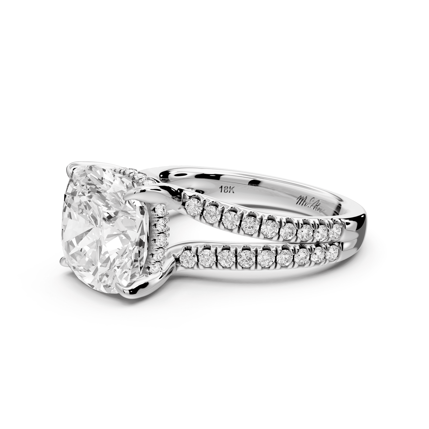 Liora - 5ct 18k white gold cushion Hidden Halo Micro Pavé Split Shank Engagement Ring - Mr. Alex Jewelry