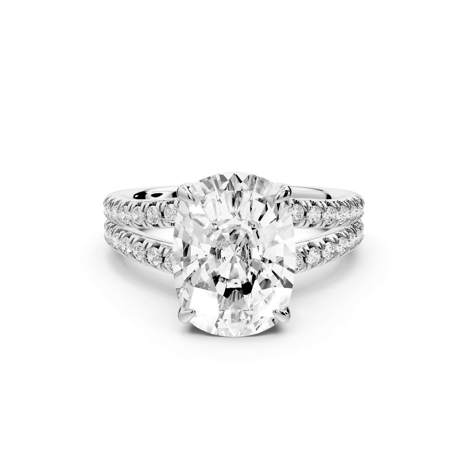 Liora - 5ct 18k white gold ecushion Hidden Halo Micro Pavé Split Shank Engagement Ring - Mr. Alex Jewelry