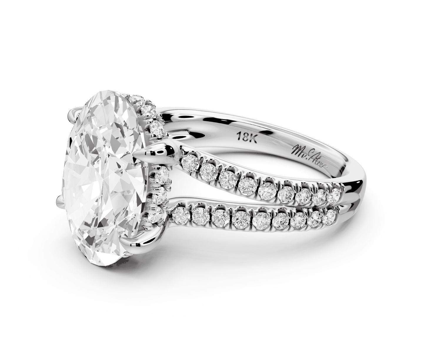 Liora - 5ct 18k white gold oval Hidden Halo Micro Pavé Split Shank Engagement Ring - Mr. Alex Jewelry