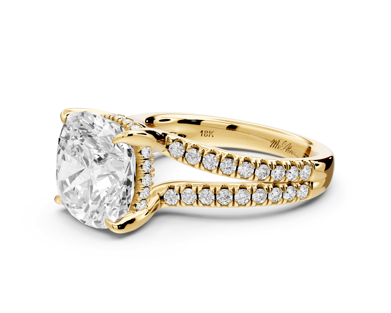 Liora - 5ct 18k yellow gold cushion Hidden Halo Micro Pavé Split Shank Engagement Ring - Mr. Alex Jewelry