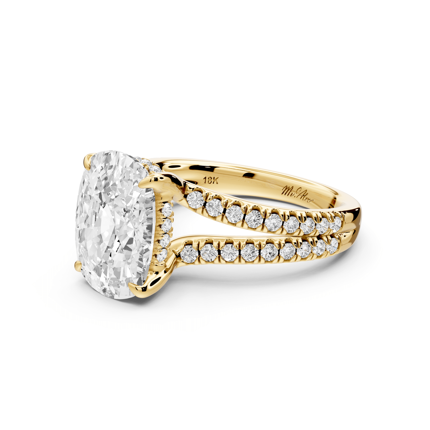 Liora - 5ct 18k yellow gold ecushion Hidden Halo Micro Pavé Split Shank Engagement Ring - Mr. Alex Jewelry