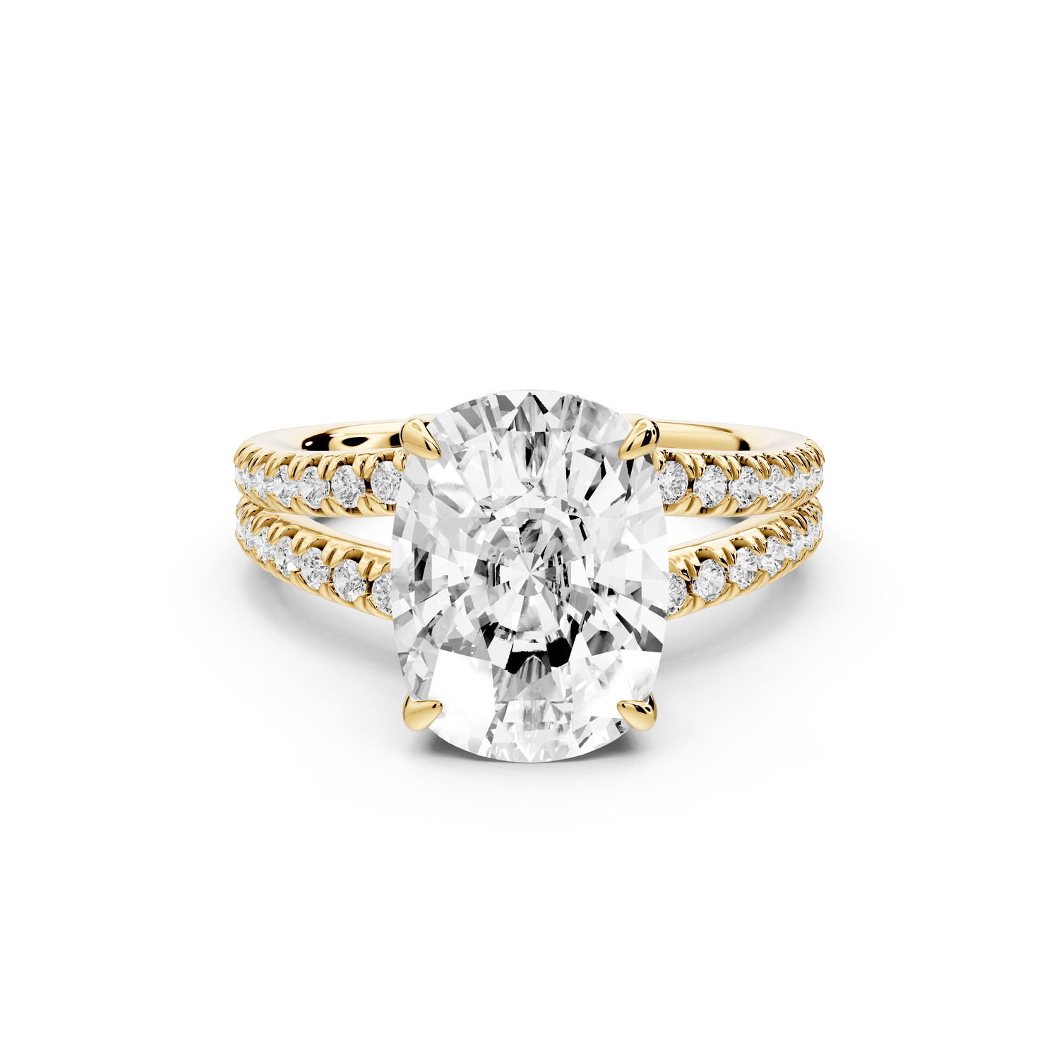 Liora - 5ct 18k yellow gold ecushion Hidden Halo Micro Pavé Split Shank Engagement Ring - Mr. Alex Jewelry