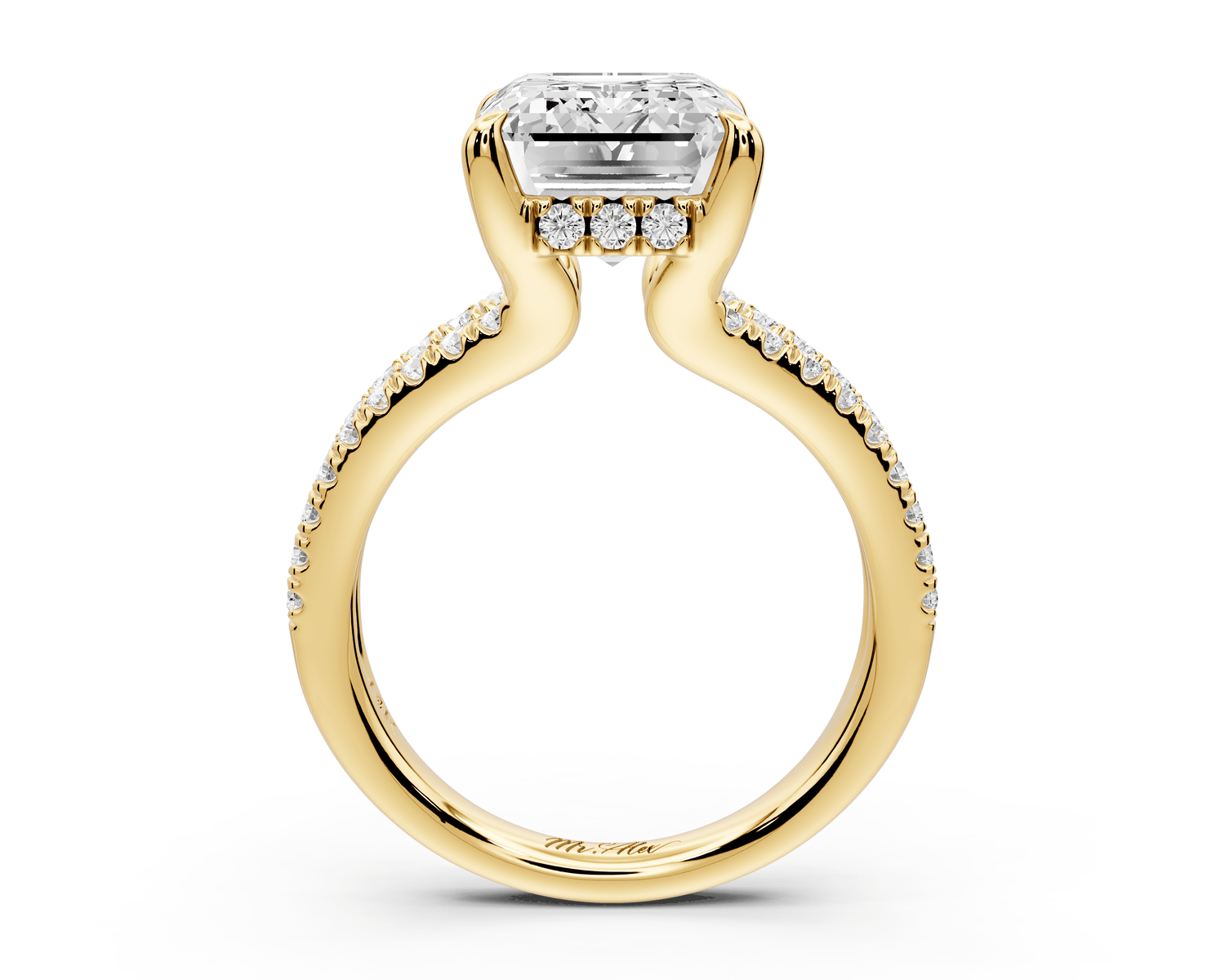 Liora - 5ct 18k yellow gold emerald Hidden Halo Micro Pavé Split Shank Engagement Ring - Mr. Alex Jewelry