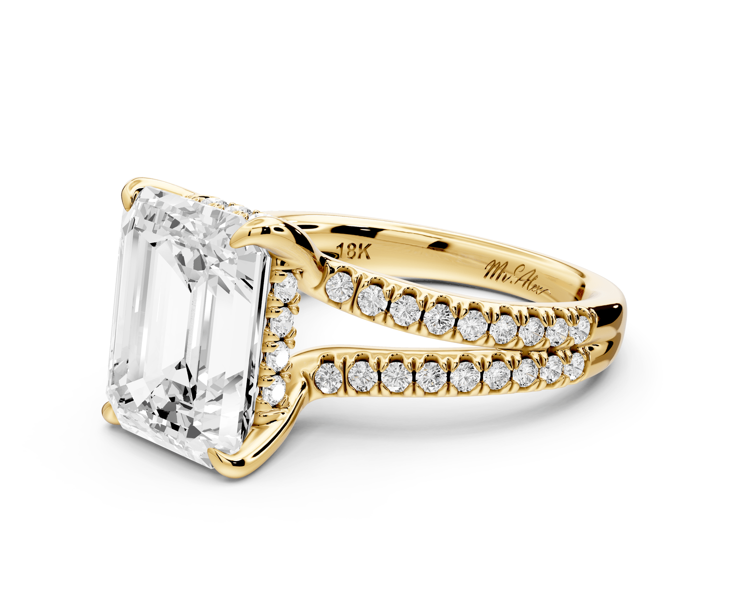 Liora - 5ct 18k yellow gold emerald Hidden Halo Micro Pavé Split Shank Engagement Ring - Mr. Alex Jewelry