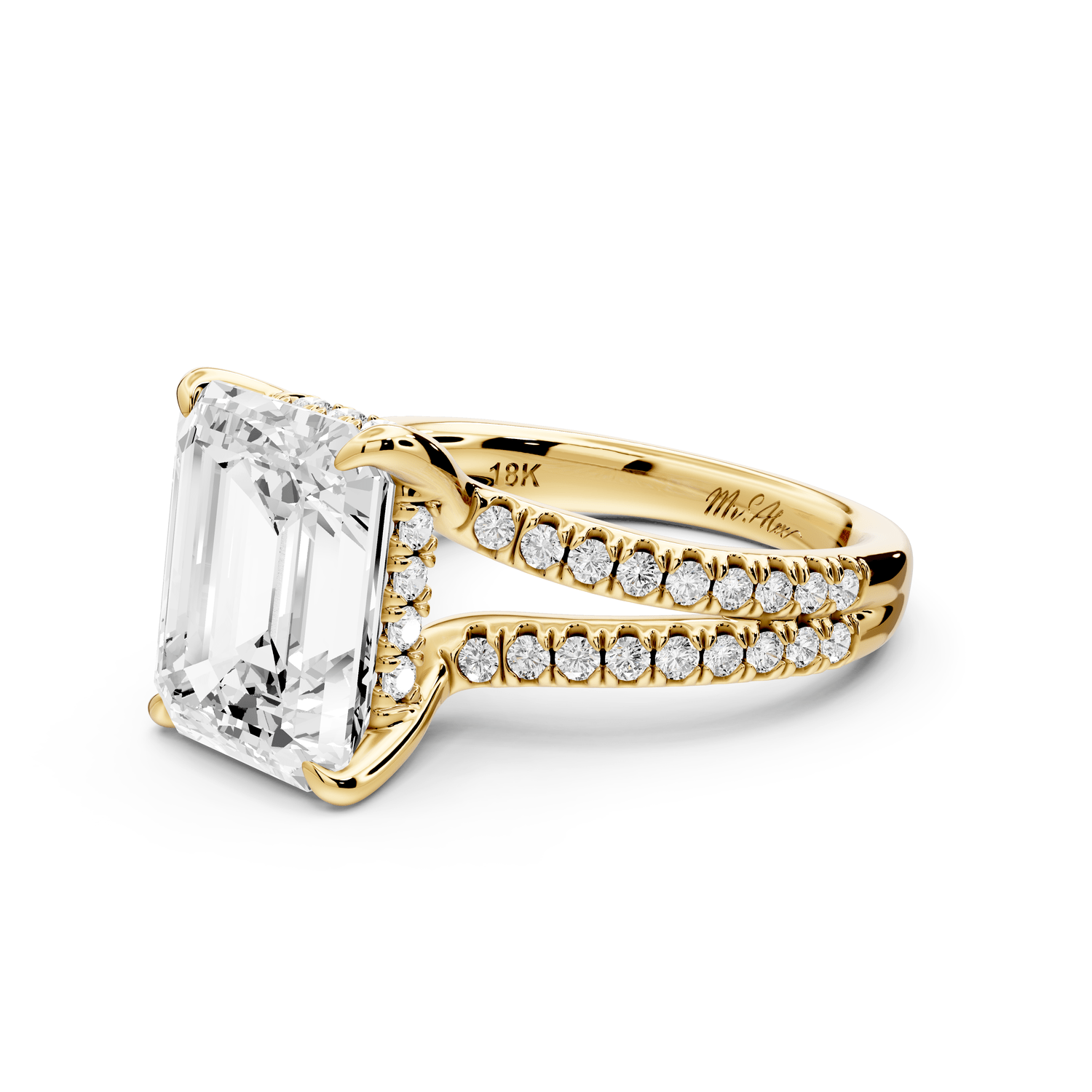Liora - 5ct 18k yellow gold emerald Hidden Halo Micro Pavé Split Shank Engagement Ring - Mr. Alex Jewelry