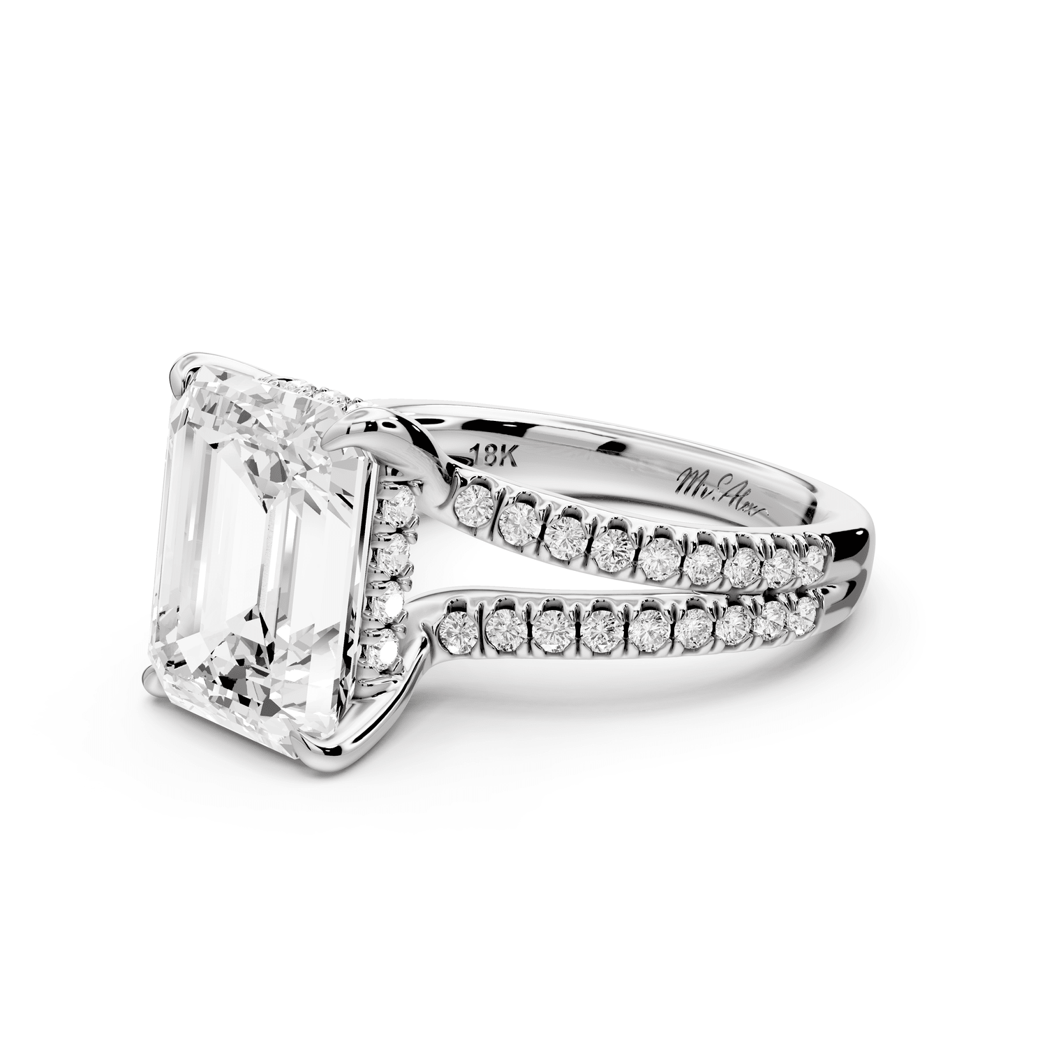 Liora - 5ct platinum emerald Hidden Halo Micro Pavé Split Shank Engagement Ring - Mr. Alex Jewelry