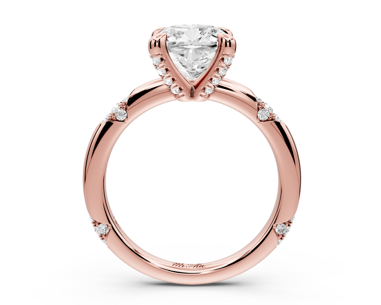 Luna - 2ct 14k rose gold cushion Diamond Crown with Flush - Set Diamond Clusters Engagement Ring - Mr. Alex Jewelry