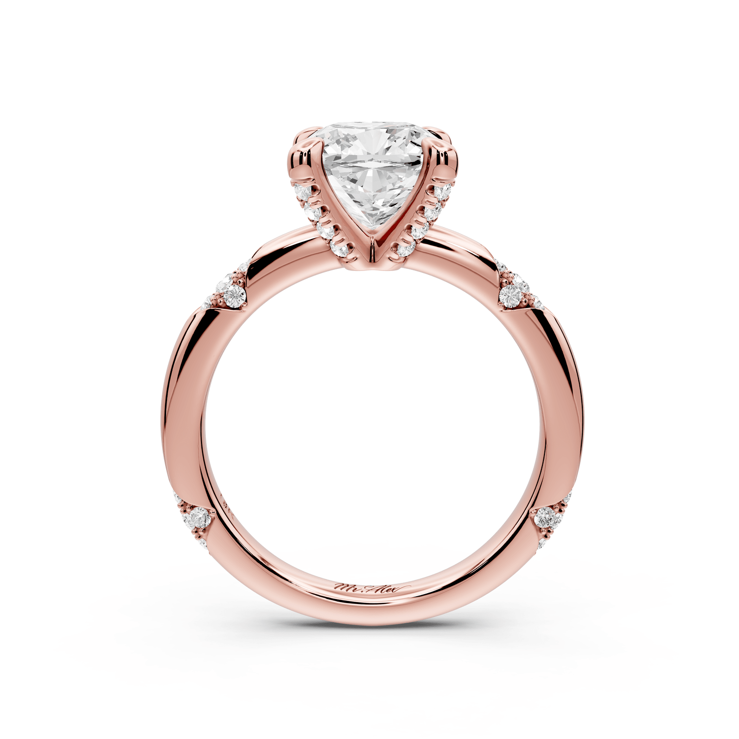 Luna - 2ct 14k rose gold cushion Diamond Crown with Flush - Set Diamond Clusters Engagement Ring - Mr. Alex Jewelry