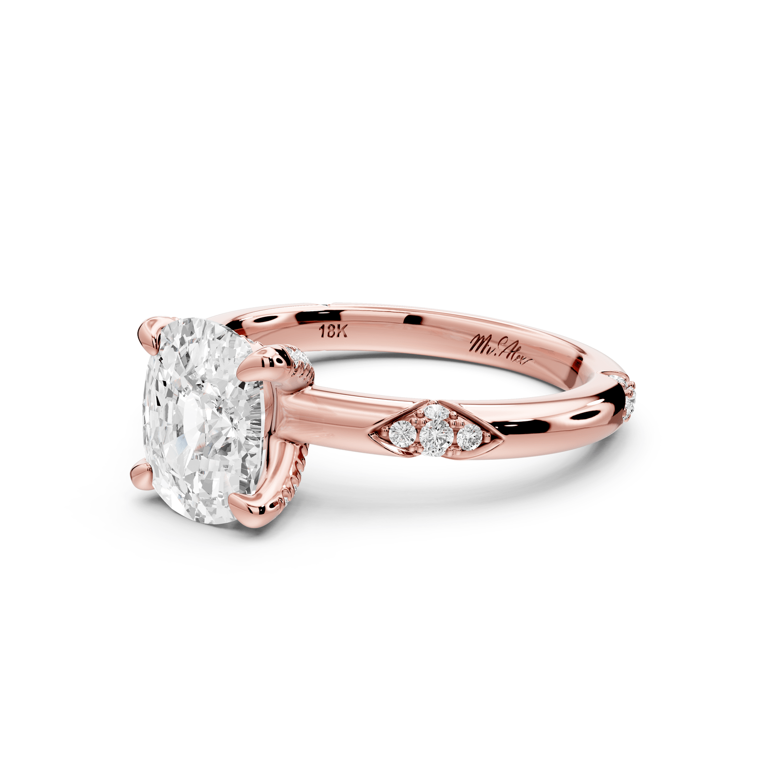 Luna - 2ct 14k rose gold ecushion Diamond Crown with Flush - Set Diamond Clusters Engagement Ring - Mr. Alex Jewelry