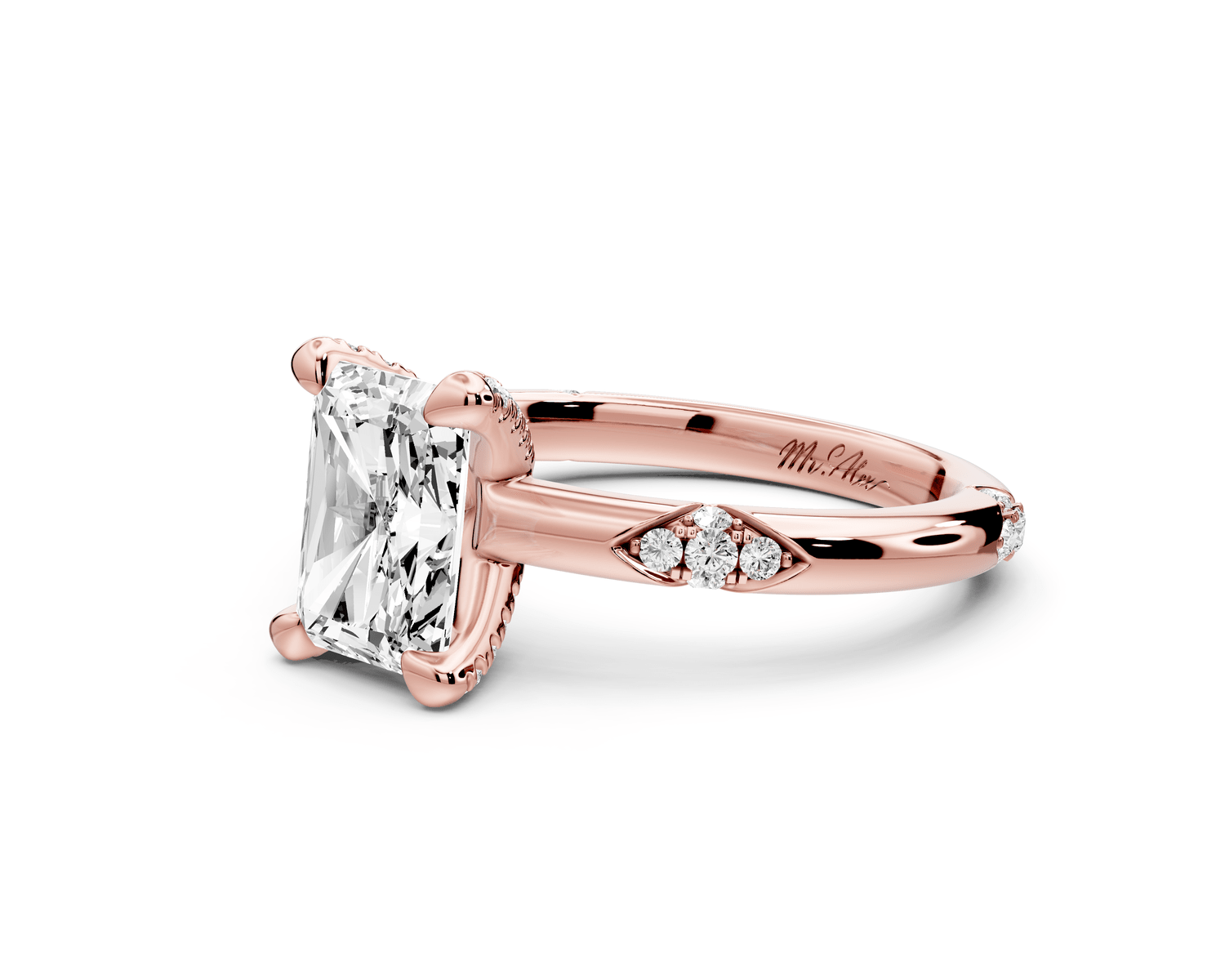 Luna - 2ct 14k rose gold radiant Diamond Crown with Flush - Set Diamond Clusters Engagement Ring - Mr. Alex Jewelry