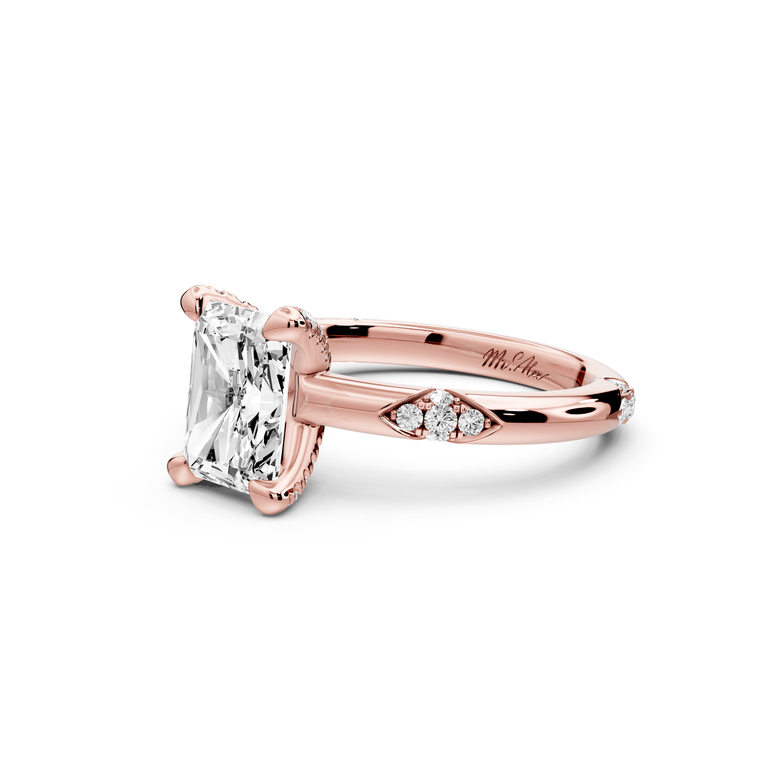Luna - 2ct 14k rose gold radiant Diamond Crown with Flush - Set Diamond Clusters Engagement Ring - Mr. Alex Jewelry