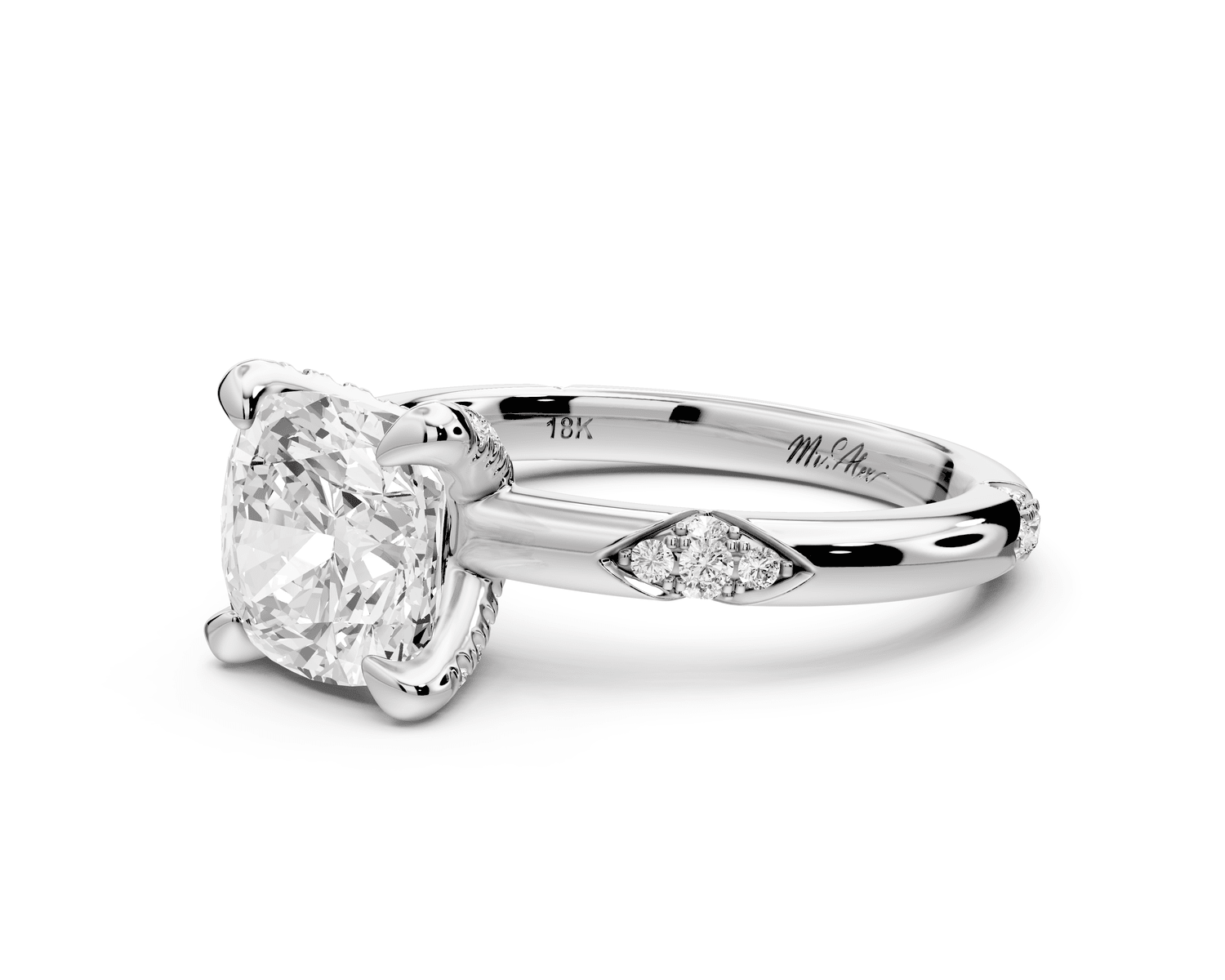Luna - 2ct 14k white gold cushion Diamond Crown with Flush - Set Diamond Clusters Engagement Ring - Mr. Alex Jewelry