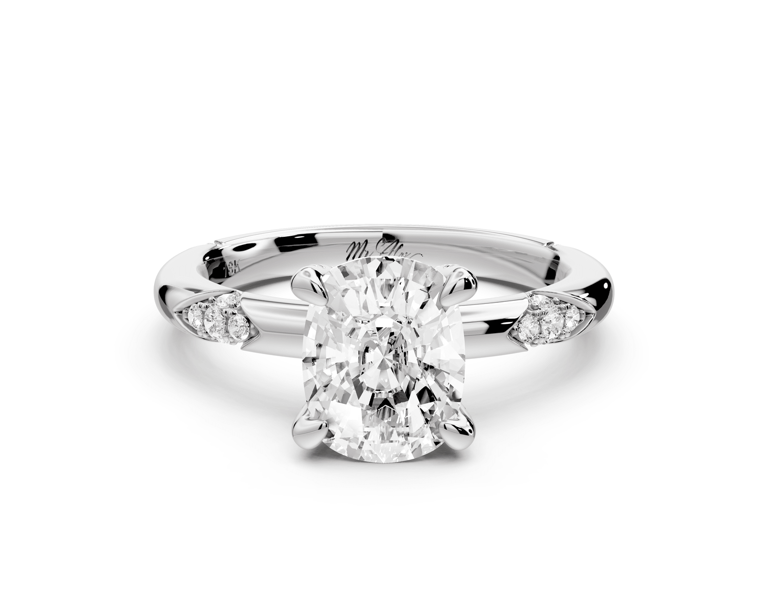 Luna - 2ct 14k white gold ecushion Diamond Crown with Flush - Set Diamond Clusters Engagement Ring - Mr. Alex Jewelry