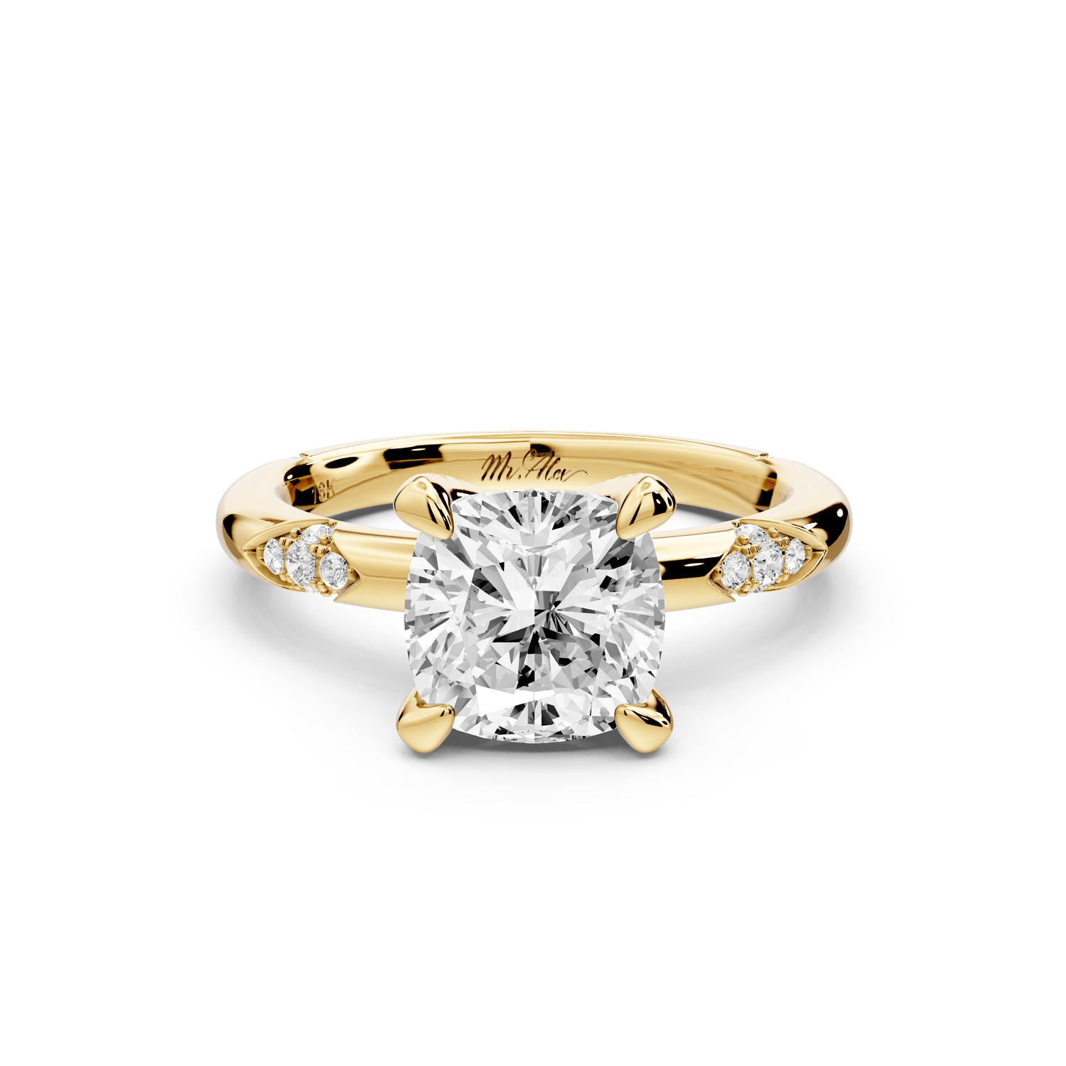 Luna - 2ct 14k yellow gold cushion Diamond Crown with Flush - Set Diamond Clusters Engagement Ring - Mr. Alex Jewelry