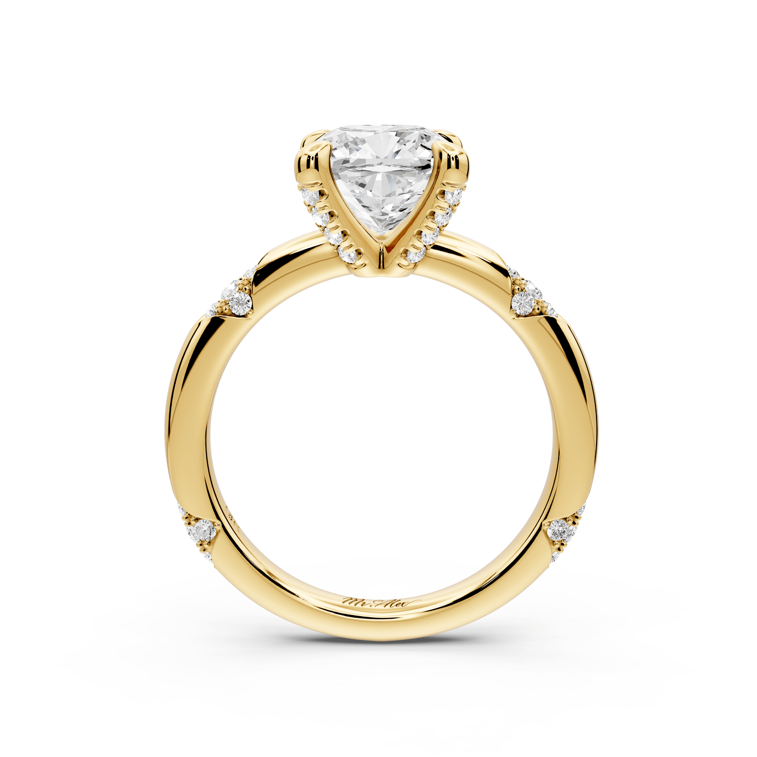 Luna - 2ct 14k yellow gold cushion Diamond Crown with Flush - Set Diamond Clusters Engagement Ring - Mr. Alex Jewelry