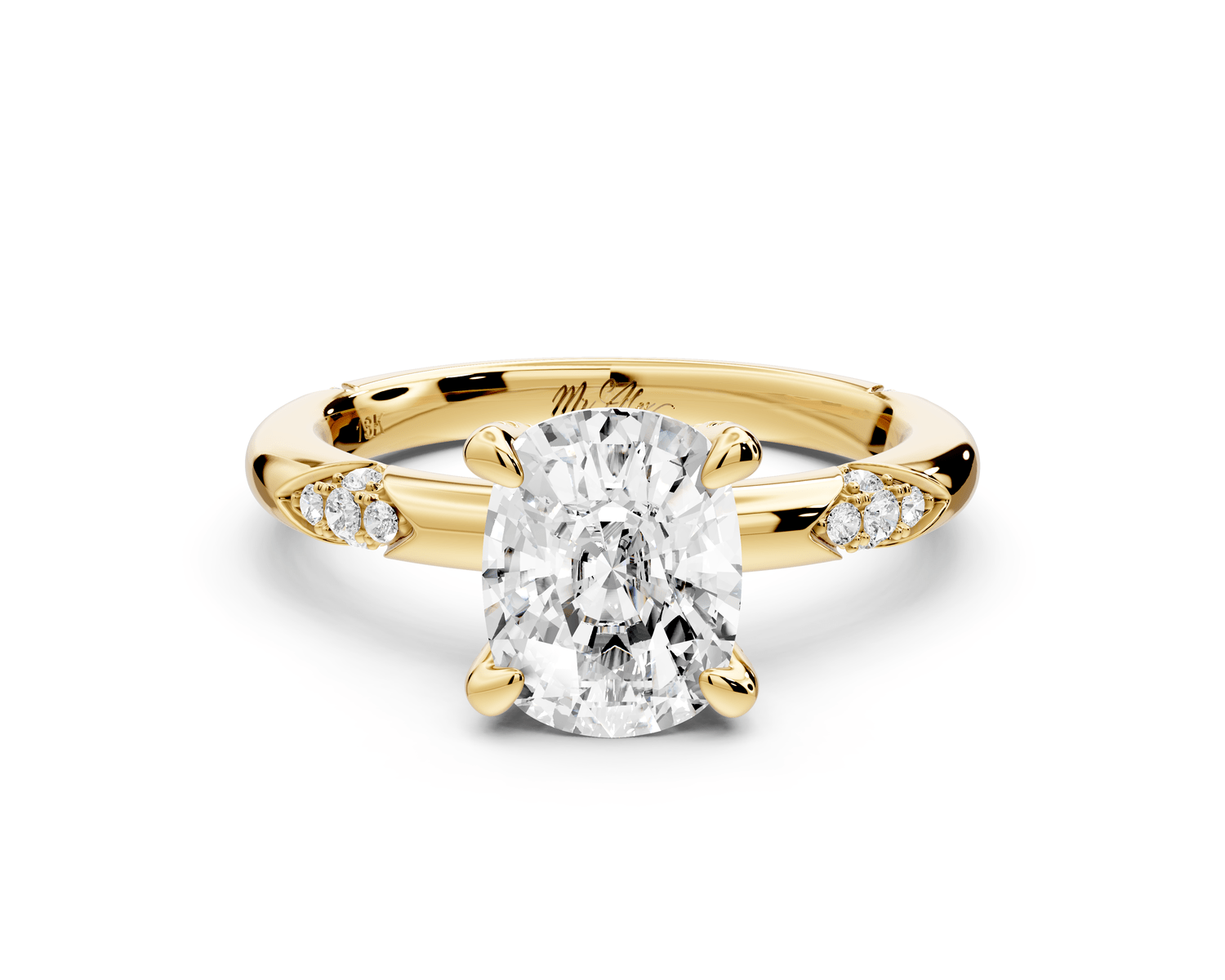 Luna - 2ct 14k yellow gold ecushion Diamond Crown with Flush - Set Diamond Clusters Engagement Ring - Mr. Alex Jewelry
