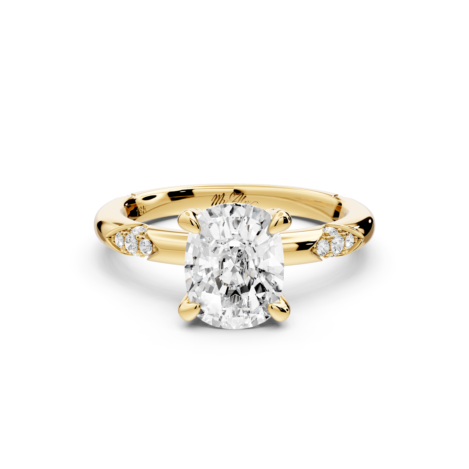 Luna - 2ct 14k yellow gold ecushion Diamond Crown with Flush - Set Diamond Clusters Engagement Ring - Mr. Alex Jewelry
