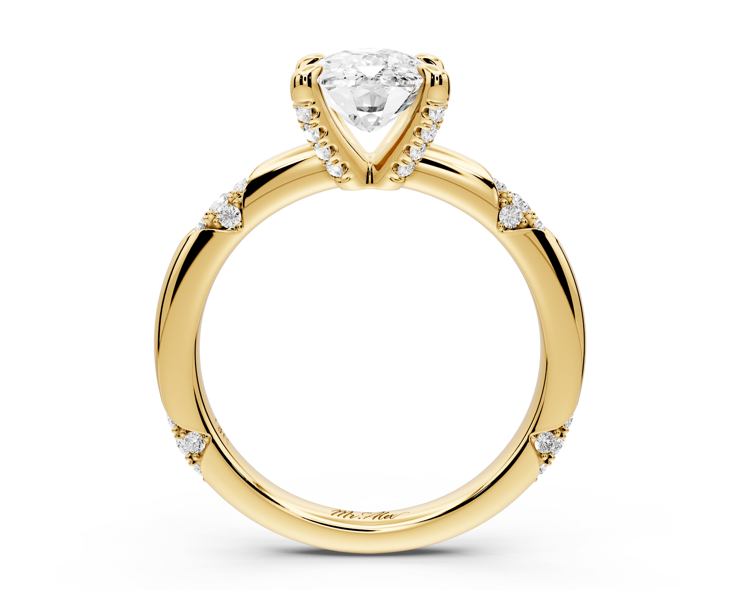 Luna - 2ct 14k yellow gold ecushion Diamond Crown with Flush - Set Diamond Clusters Engagement Ring - Mr. Alex Jewelry