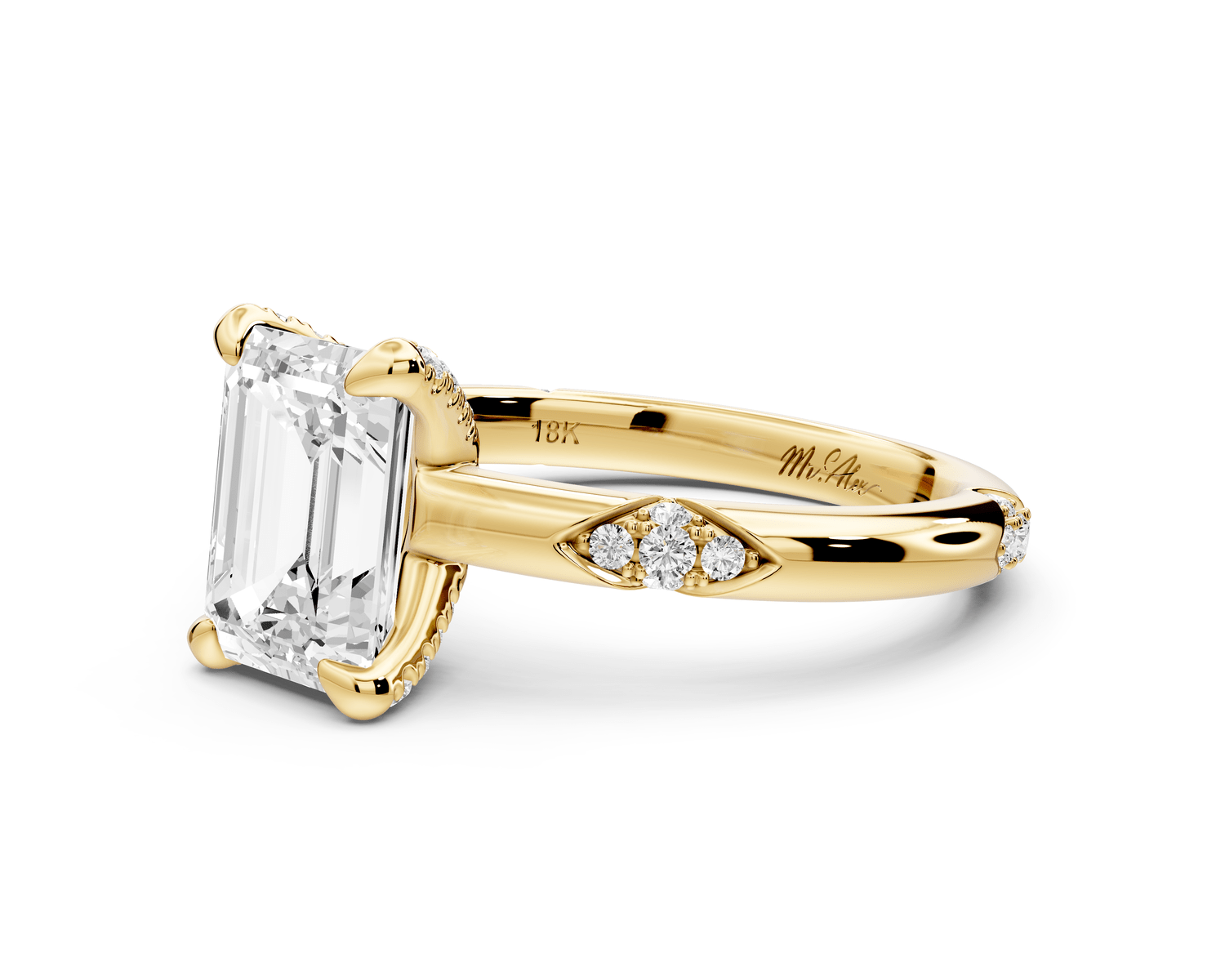 Luna - 2ct 14k yellow gold emerald Diamond Crown with Flush - Set Diamond Clusters Engagement Ring - Mr. Alex Jewelry