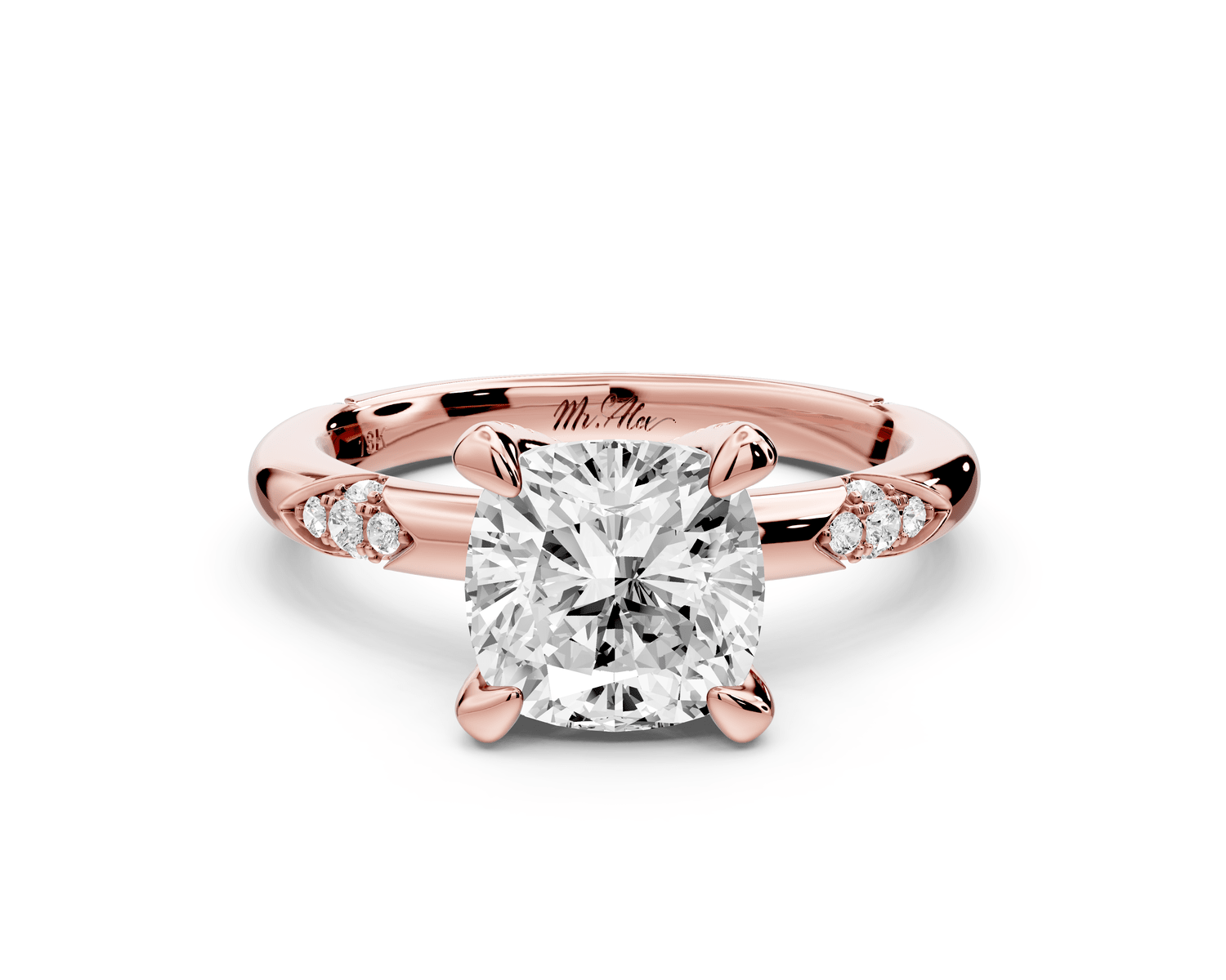 Luna - 2ct 18k rose gold cushion Diamond Crown with Flush - Set Diamond Clusters Engagement Ring - Mr. Alex Jewelry