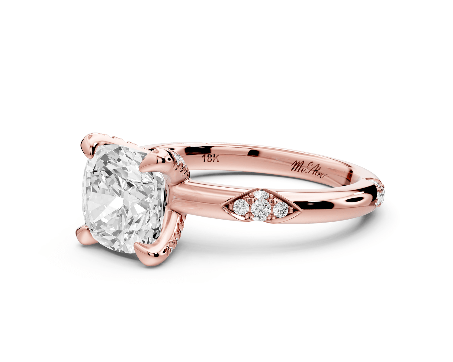 Luna - 2ct 18k rose gold cushion Diamond Crown with Flush - Set Diamond Clusters Engagement Ring - Mr. Alex Jewelry
