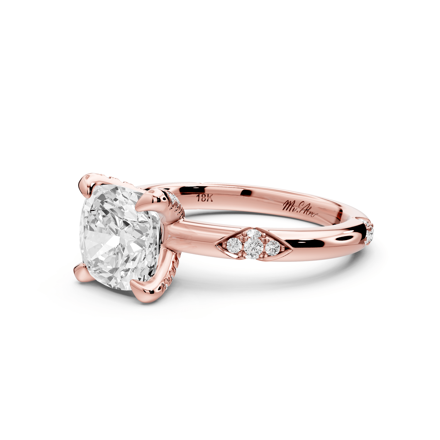 Luna - 2ct 18k rose gold cushion Diamond Crown with Flush - Set Diamond Clusters Engagement Ring - Mr. Alex Jewelry