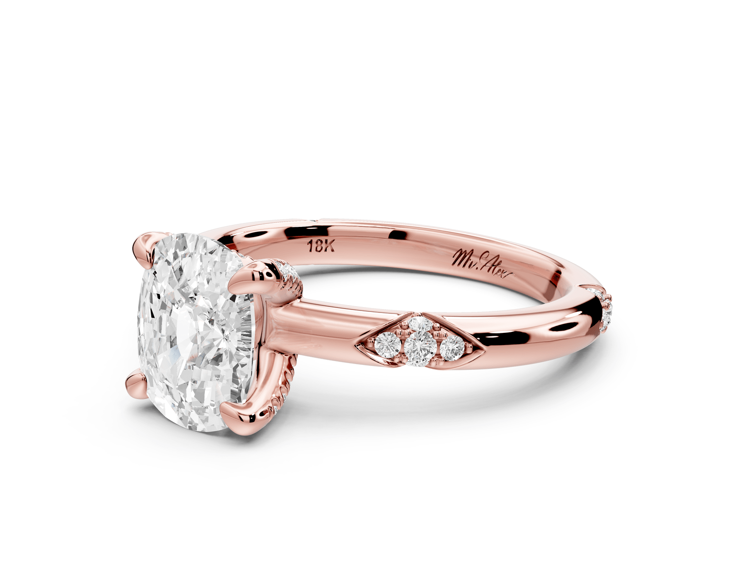 Luna - 2ct 18k rose gold ecushion Diamond Crown with Flush - Set Diamond Clusters Engagement Ring - Mr. Alex Jewelry