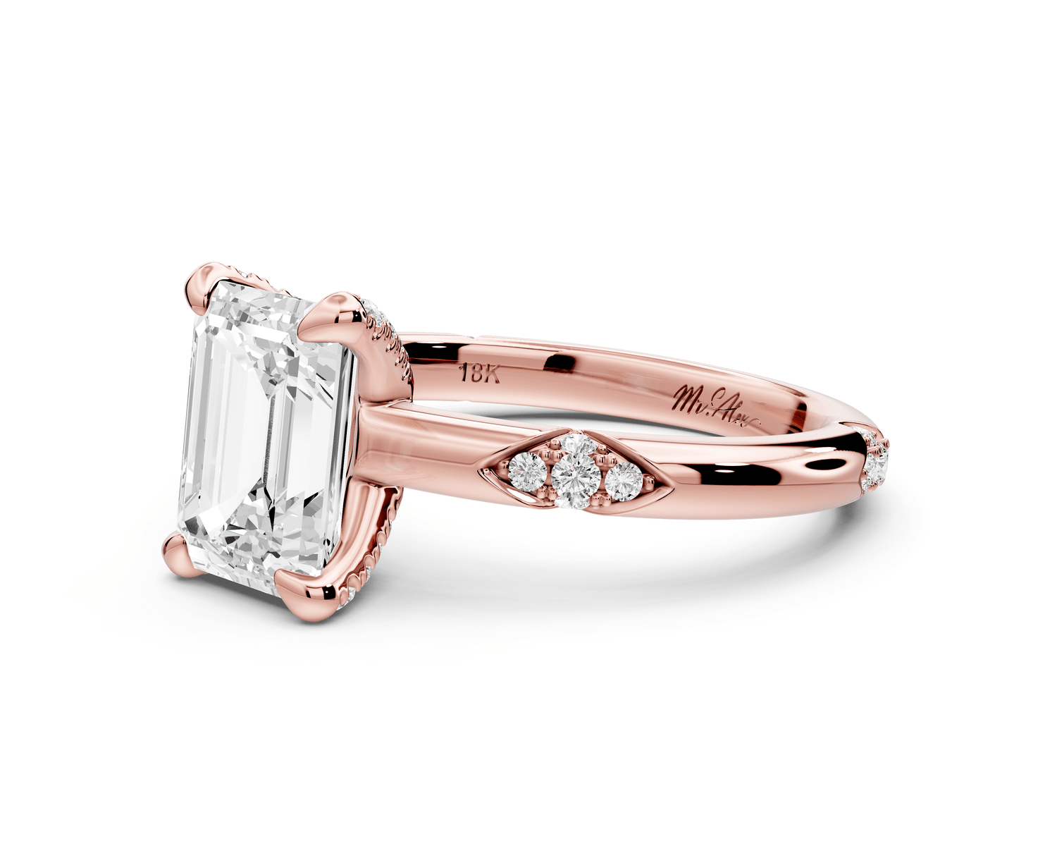 Luna - 2ct 18k rose gold emerald Diamond Crown with Flush - Set Diamond Clusters Engagement Ring - Mr. Alex Jewelry
