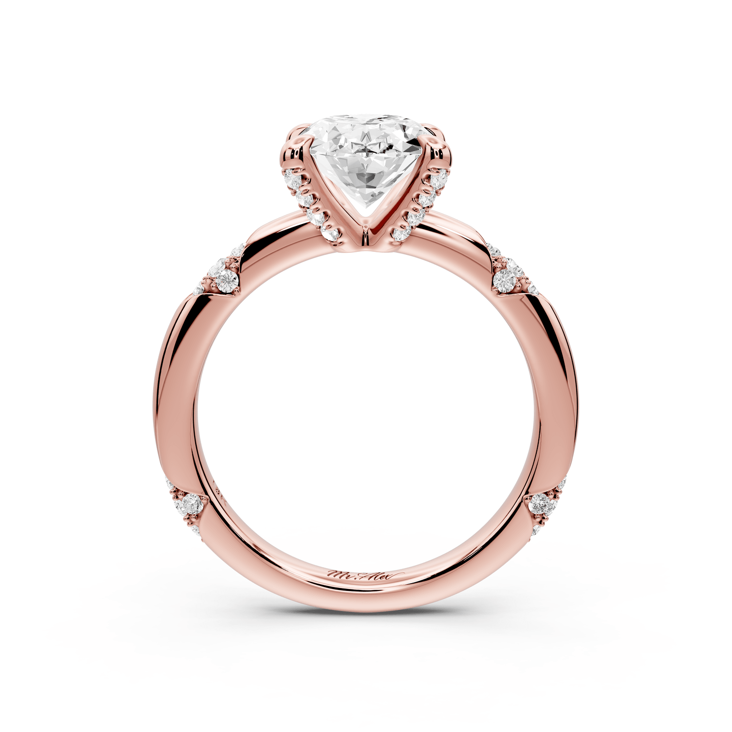 Luna - 2ct 18k rose gold oval Diamond Crown with Flush - Set Diamond Clusters Engagement Ring - Mr. Alex Jewelry