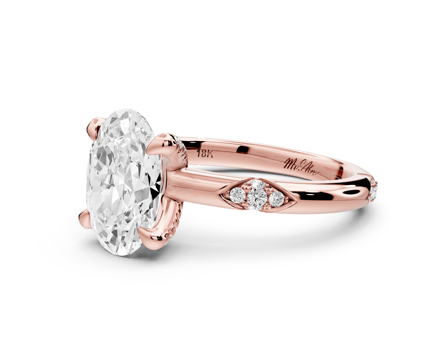 Luna - 2ct 18k rose gold oval Diamond Crown with Flush - Set Diamond Clusters Engagement Ring - Mr. Alex Jewelry