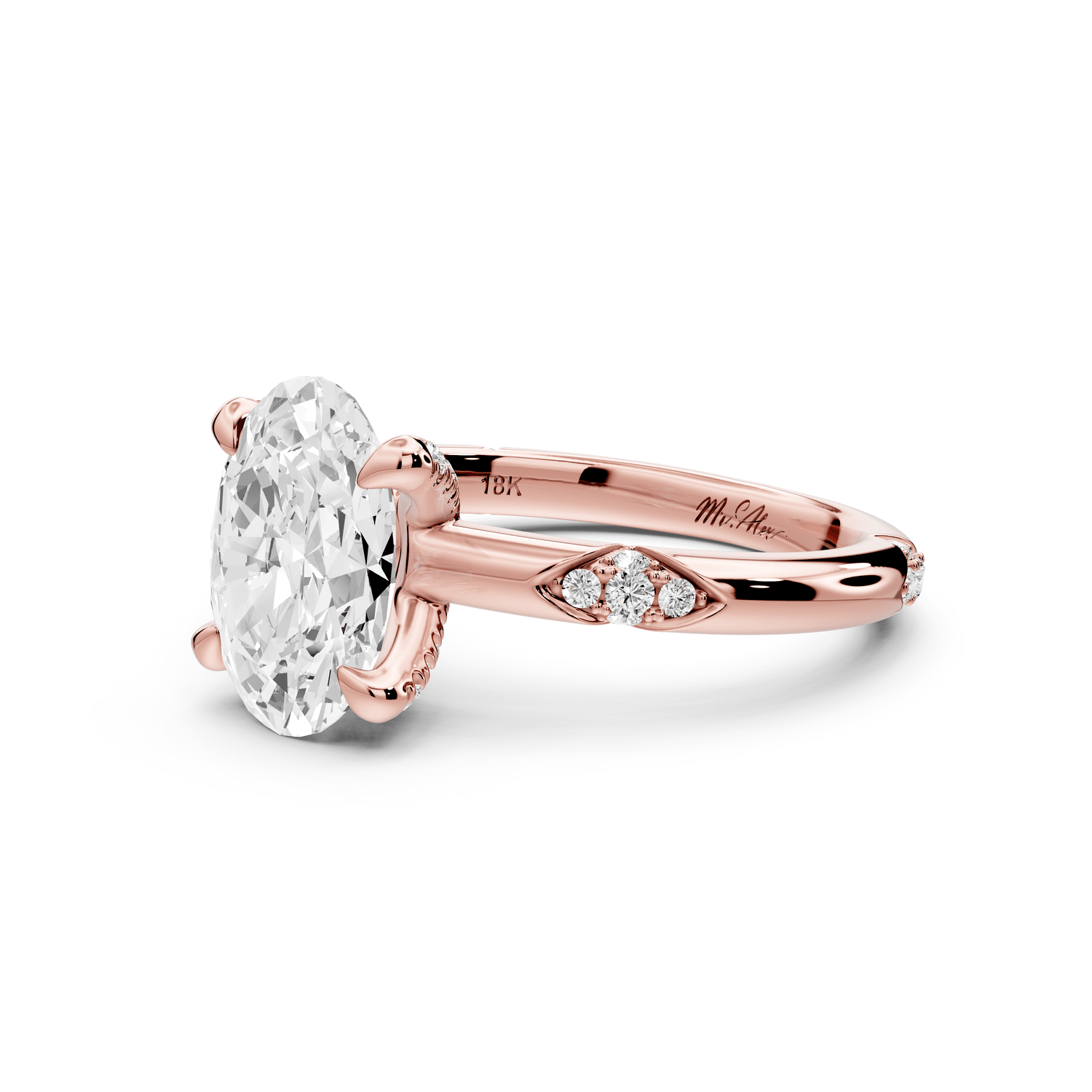 Luna - 2ct 18k rose gold oval Diamond Crown with Flush - Set Diamond Clusters Engagement Ring - Mr. Alex Jewelry