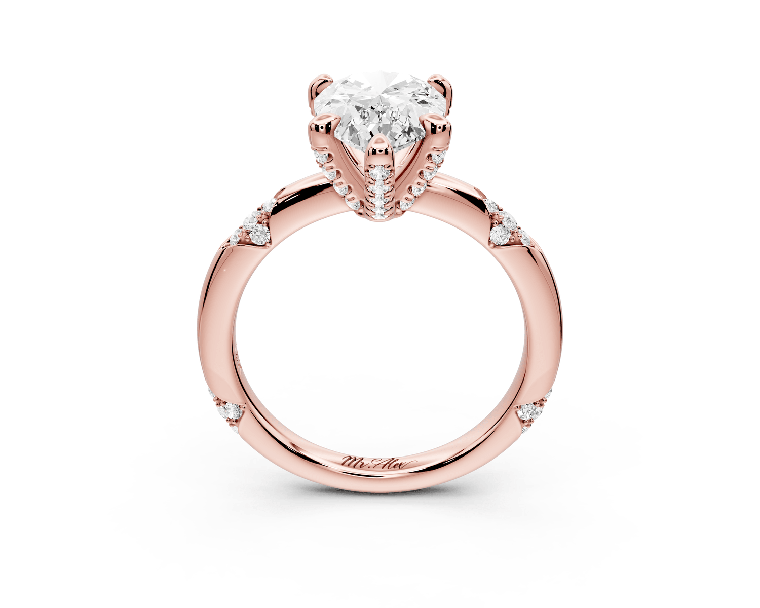 Luna - 2ct 18k rose gold pear Diamond Crown with Flush - Set Diamond Clusters Engagement Ring - Mr. Alex Jewelry