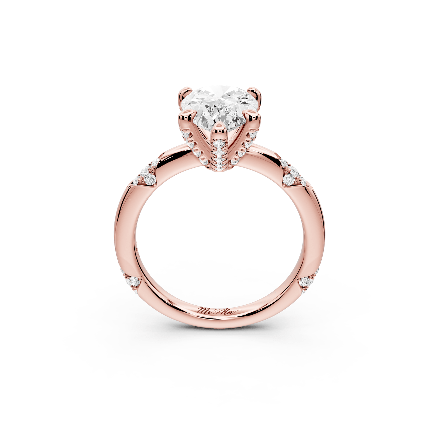Luna - 2ct 18k rose gold pear Diamond Crown with Flush - Set Diamond Clusters Engagement Ring - Mr. Alex Jewelry