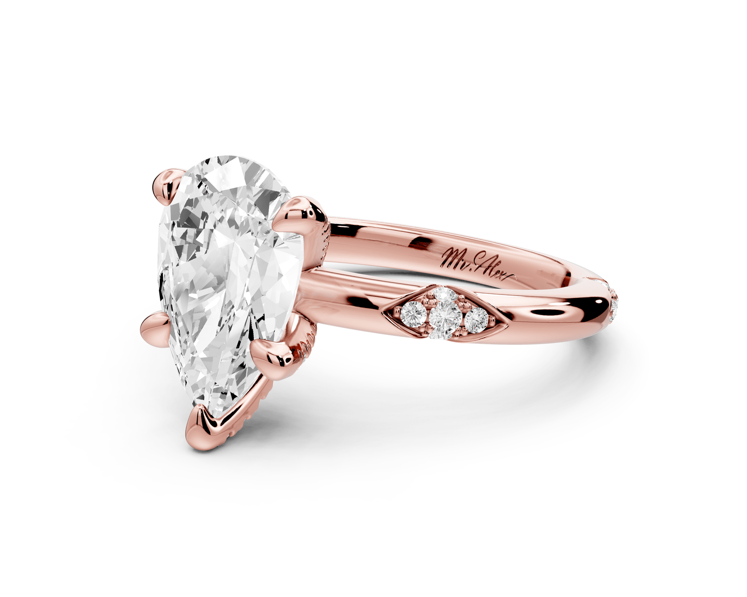 Luna - 2ct 18k rose gold pear Diamond Crown with Flush - Set Diamond Clusters Engagement Ring - Mr. Alex Jewelry