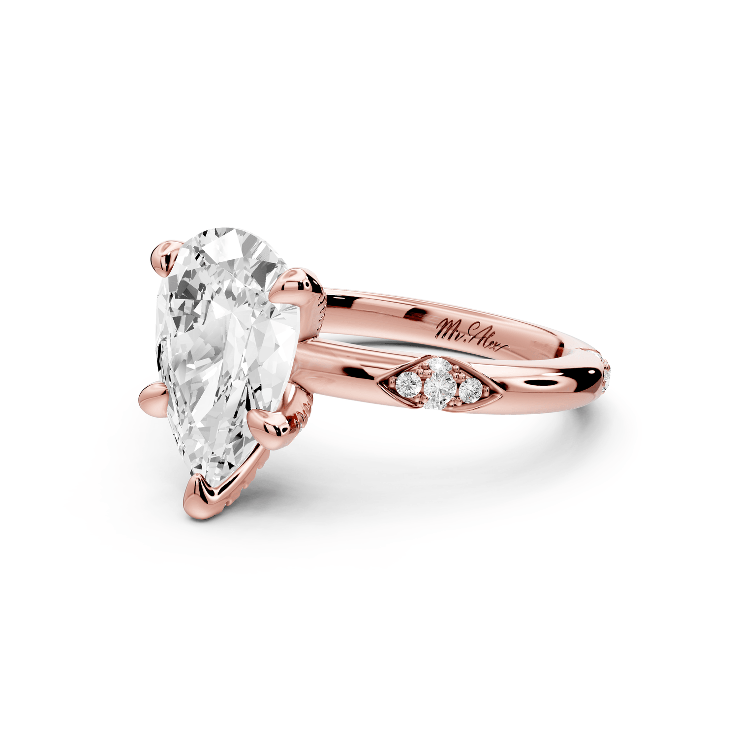 Luna - 2ct 18k rose gold pear Diamond Crown with Flush - Set Diamond Clusters Engagement Ring - Mr. Alex Jewelry