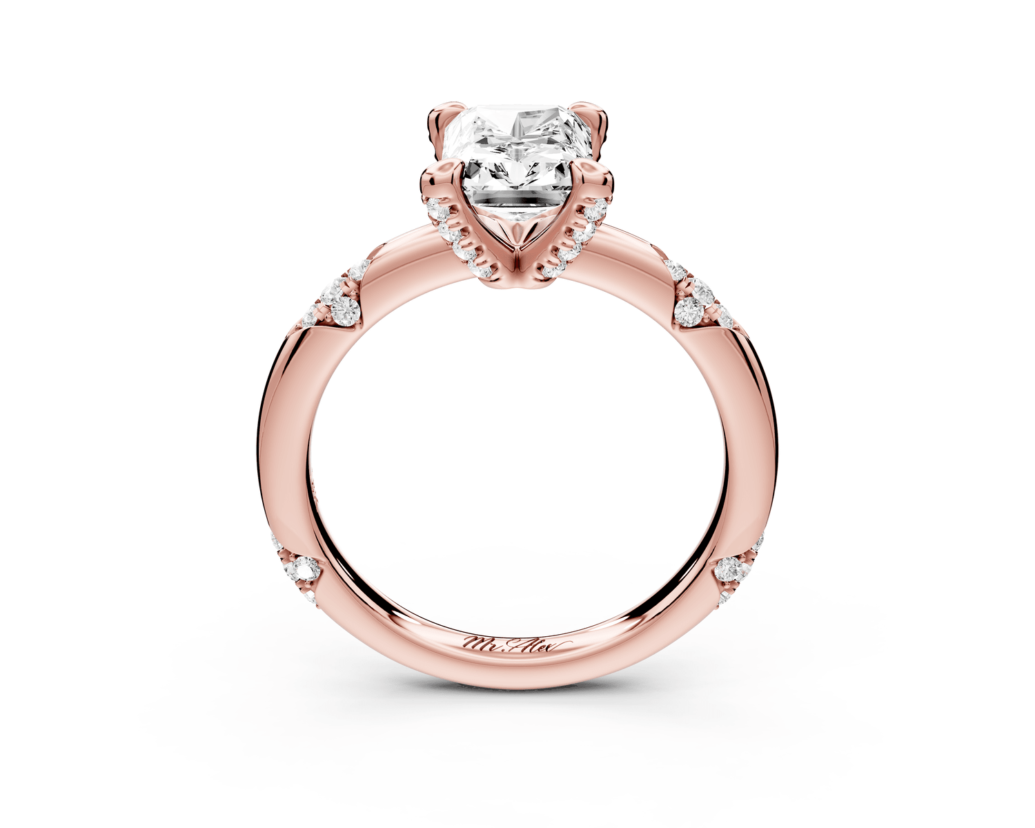 Luna - 2ct 18k rose gold radiant Diamond Crown with Flush - Set Diamond Clusters Engagement Ring - Mr. Alex Jewelry