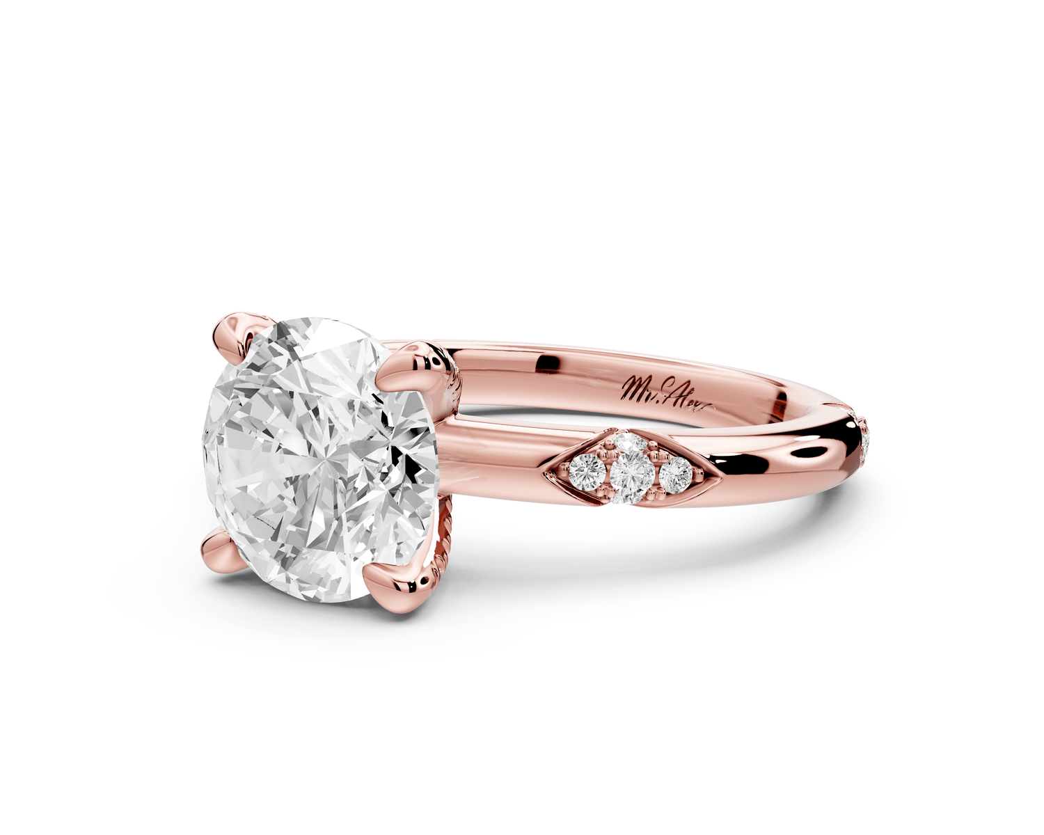 Luna - 2ct 18k rose gold round Diamond Crown with Flush - Set Diamond Clusters Engagement Ring - Mr. Alex Jewelry