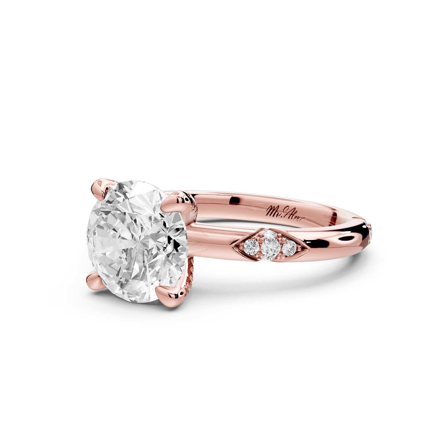 Luna - 2ct 18k rose gold round Diamond Crown with Flush - Set Diamond Clusters Engagement Ring - Mr. Alex Jewelry