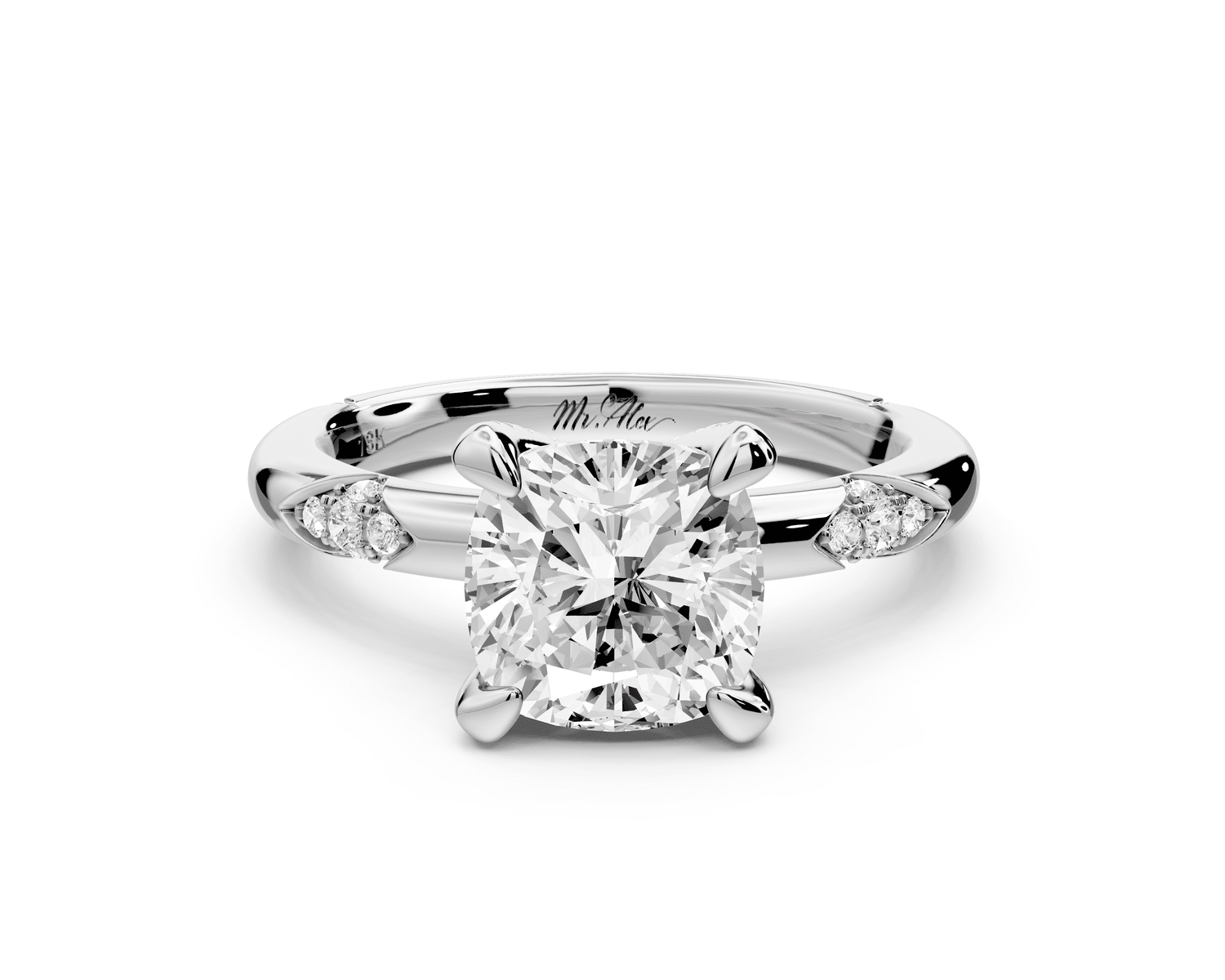 Luna - 2ct 18k white gold cushion Diamond Crown with Flush - Set Diamond Clusters Engagement Ring - Mr. Alex Jewelry