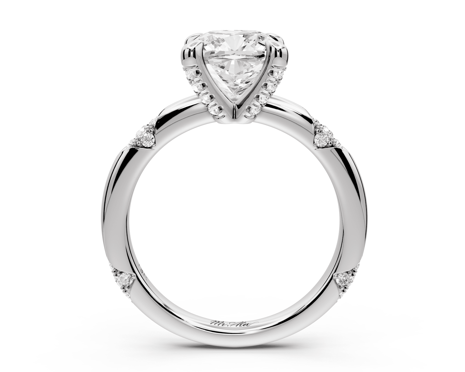 Luna - 2ct 18k white gold cushion Diamond Crown with Flush - Set Diamond Clusters Engagement Ring - Mr. Alex Jewelry