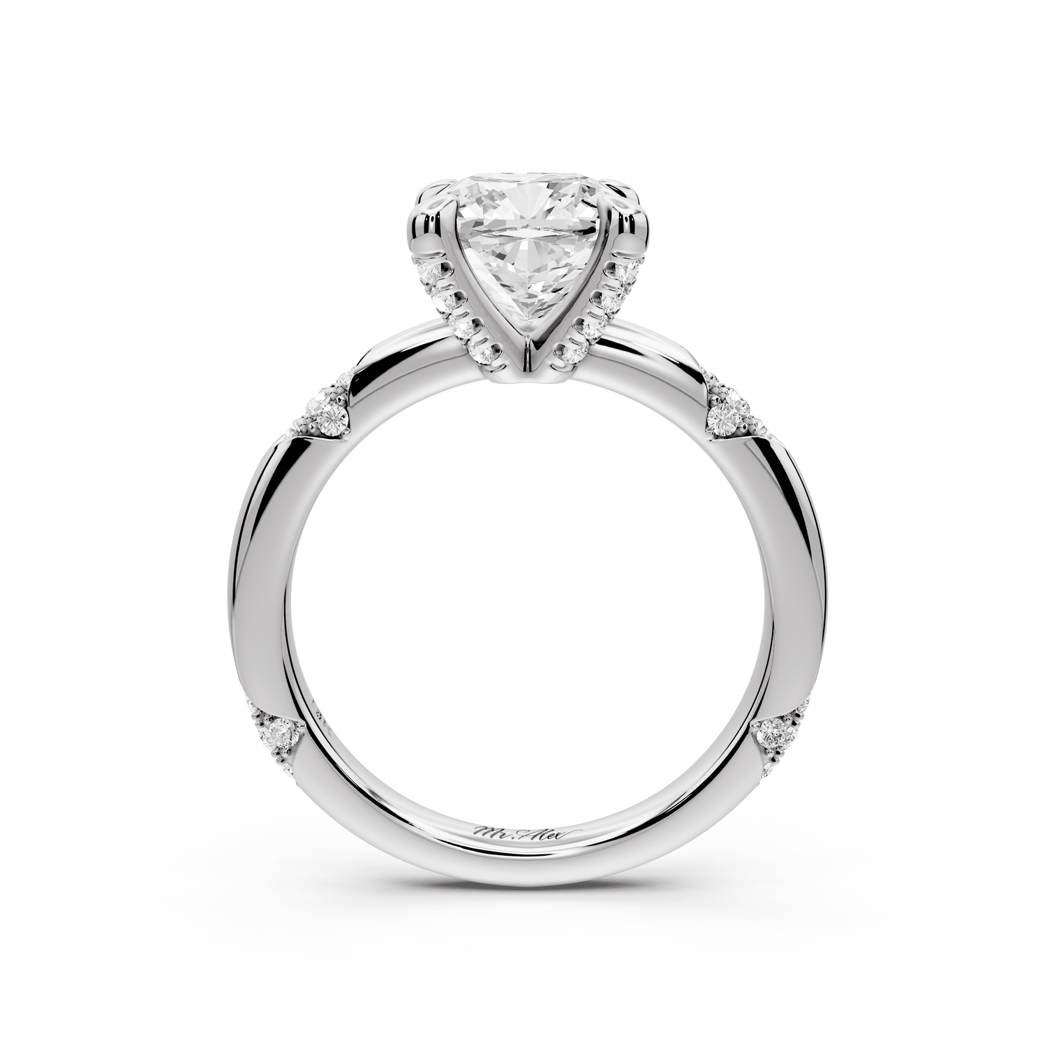 Luna - 2ct 18k white gold cushion Diamond Crown with Flush - Set Diamond Clusters Engagement Ring - Mr. Alex Jewelry